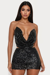 Steal The Spotlight Backless Sequin Skirt Set - Black