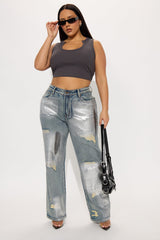 Changing Your Mind Stretch Foil Tinted Straight Leg Jeans - Vintage Wash