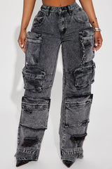 Millie Non Stretch Ripped Cargo Jeans - Acid Wash Black