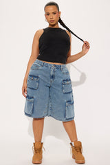 Frankie Acid Wash Cargo Denim Jorts - Medium Wash