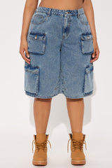 Frankie Acid Wash Cargo Denim Jorts - Medium Wash