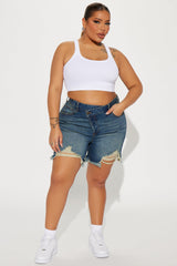 At A Glance Crossover Denim Shorts - Dark Wash