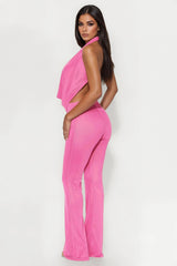Shayna Cowl Halter Mesh Pant Set - Fuchsia