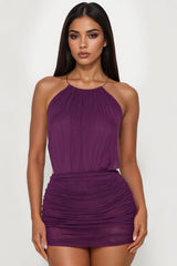 Jennine Mesh Halter Mini Skirt Set - Purple