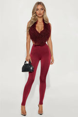 Fur Fantasy Backless Pant Set - Burgundy