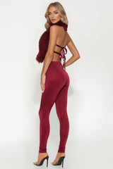 Fur Fantasy Backless Pant Set - Burgundy