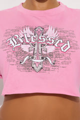 Blessed Cross Cropped Tee - Pink