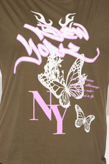 New York Butterfly Oversized Tee - Dark Olive