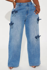 Floria Baggy Flower Applique Jeans - Medium Wash