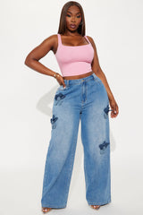 Floria Baggy Flower Applique Jeans - Medium Wash