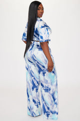 Klarissa Tie Dye Satin Pant Set - Navy