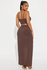 Perfect Night Shimmer Twist Front Maxi Skirt Set - Brown