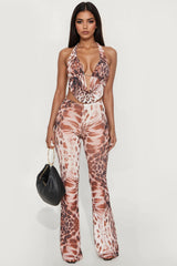 Reina Leopard Cowl Neck Halter Pant Set - Brown/combo