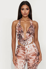 Reina Leopard Cowl Neck Halter Pant Set - Brown/combo