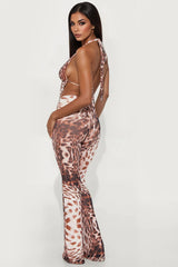 Reina Leopard Cowl Neck Halter Pant Set - Brown/combo