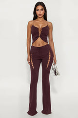 Lillian Lace Up Flare Pant Set - Brown