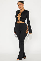 Emani Lace Up Flare Leg Pant Set - Black
