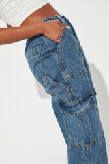 Tall Don't You Worry Wide Leg Cargo Jeans - Medium Blue Wash
