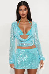 Glistening Goddess Sequin 3 Piece Skirt Set - Blue