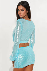 Glistening Goddess Sequin 3 Piece Skirt Set - Blue
