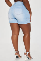 Same Page Stretch Denim Utility Shorts - Light Blue Wash