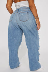 Sydney Shredded Non Stretch Loose Jeans - Medium Wash