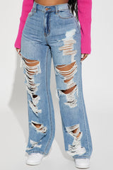 Sydney Shredded Non Stretch Loose Jeans - Medium Wash