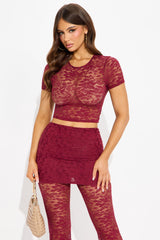 Kelsey Lace Foldover Waist Pant Set - Burgundy
