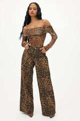 She's A Wild One Leopard Print Wide Leg Jeans - Brown Combo
