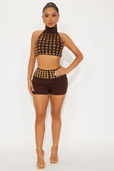 Baddie Grommet Micro Short Set  - Brown