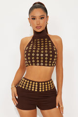 Baddie Grommet Micro Short Set  - Brown