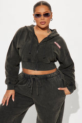 Baddie Washed Front Zip Hoodie - Black Wash