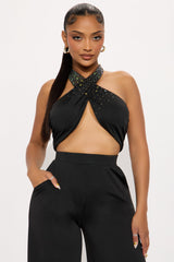 Kiara Halter Rhinestone Pant Set - Black