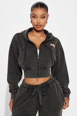 Baddie Washed Front Zip Hoodie - Black Wash