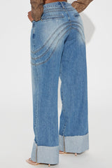 Feeling The Pressure Cuffed Straight Leg Jeans - Medium Wash