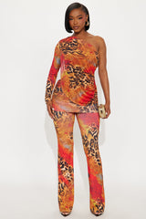Nyla One Shoulder Leopard Pant Set - Orange/combo