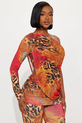 Nyla One Shoulder Leopard Pant Set - Orange/combo