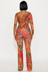 Nyla One Shoulder Leopard Pant Set - Orange/combo