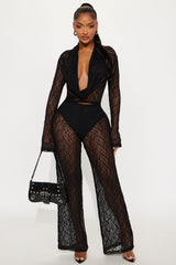 Hot Intentions Cowl Neck Lace Pant Set - Black