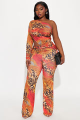 Nyla One Shoulder Leopard Pant Set - Orange/combo