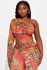 Nyla One Shoulder Leopard Pant Set - Orange/combo