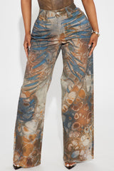 Striking A Chord Abstract Print Wide Leg Jeans - Brown/combo