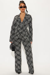 Lady Boss Plaid Blazer Pant Set - Black/combo