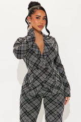 Lady Boss Plaid Blazer Pant Set - Black/combo
