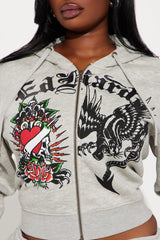 Heart Of Roses Ed Hardy Zip Front Hoodie - Heather Grey