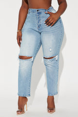 Petite As You Please Ripped Straight Leg Jeans - Light Blue Wash