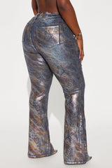 Sneaky Games Animal Print Foil Flare Jeans - Dark Wash