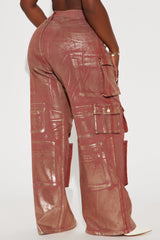 Time To Shine Foil Baggy Cargo Jeans - Burgundy