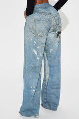 It's All An Illusion Chain Printed Denim Baggy Jeans - Medium Wash