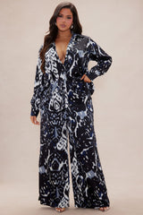 Kristine Satin Wide Leg Pant Set - Black/combo
